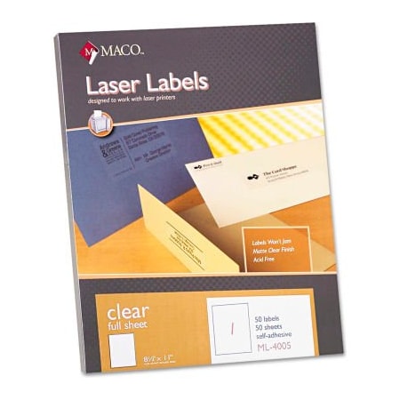 Maco Tag & Label Maco Matte Clear Laser Labels, 8-1/2 x 11, 50/Box ML4005